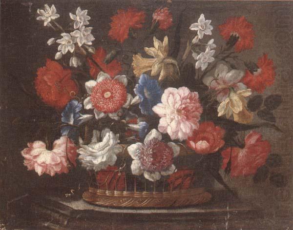 Still life of various flowers in a wicker basket,upon a stone ledge, unknow artist
